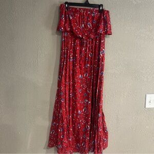 Japna Sz L Floral Red Strapless Maxi Dress Rayon Side Slit Beachy Summer